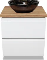 VBChome Koupelnový nábytek 60 cm Bílé umyvadlo na desku Mramor černý 41x35 cm Umyvadlo na desku s umyvadlovou skříňkou 2 zásuvky Moduo Koupelnová skříňka