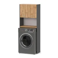 STIV Möbel | Waschmaschinenschrank Grau Matt / Eiche Wotan 64 cm | Badschrank 165 cm mit Türen & 3 Ablagen