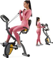 Hop-Sport 3-in-1 Fitness Heimtrainer klappbar HS-3010x Grix - Fitnessfahrrad mit Rückenlehne, Widerstandsbändern - Hometrainer Fahrrad mit LCD-Display