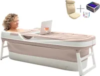HelloBath® Faltbare Badewanne für Erwachsene XXL, 157x60x48cm – Mit Badekissen, Aufbewahrungshülle, Badelampe und Massagerollen – Mobile wanne - Sand
