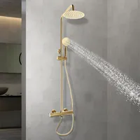 Duschsystem mit Thermostat 20cm rund Regendusche Handbrause Edelstahl Messing 70-110cm höhenverstellbar Duschset (gold)