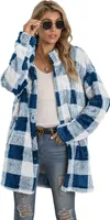 ASKSA Damen Plüsch Plaid Strickjacke Jacke Knöpfen Langarm Front Open Cardigan mit Taschen, Blau&grau, L