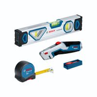 Bosch Professional 13-tlg. Handwerkzeug Set mit Universalmesser, Wasserwaage 25 cm, Bandmass 5 m, 10 Ersatzklingen