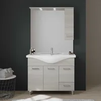 Bodenstehender Badezimmerschrank mit 105 cm, 3 Türen, 1 Schublade und Spiegel mit Hängeschrank Rimini