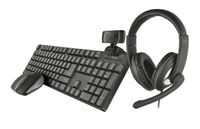 Trust Qoby 4-in-1 Home-Office-Set, QWERTZ Kabellose Tastatur, Kompakte Funkmaus, 720p HD Webcam, Over-Ear Headset mit Einstellbarem Mikrofon, für PC / Laptop - Schwarz