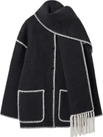 ASKSA Damen Herbst Winter Mantel Mit Schal Lose Langarm Einreiher Maentel Weibliche Warme Quaste Jacke, Schwarz und weiss, S