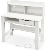COSTWAY Biurko z gniazdkami elektrycznymi, małe biurko komputerowe z blatem, otwartą przegrodą i szufladą, biurko pod komputer, biurko biurowe 95x56x109,5cm białe