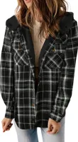 ASKSA Damen Jacke Karierte Winterjacke Oversize Langarm Winter Warme Gefuettert mit Kapuze Knoepfen Casual Maentel Jacken (Schwarz,M)
