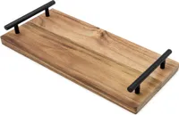 Serviertablett aus Akazienholz mit Griffen lebensmittelecht - 37 x 17 cm - Holz Kerzenbrett rechteckig mit Metall Tragegriffen in schwarz