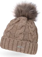 Damen Strick-Mütze gefüttert Fell-Bommel Kunstfell Winter-Mütze Bommelmütze Neverless® dunkel-beige unisize