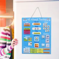 Navaris Kalender Tafel für Kinder - Lerntafel Jahreszeiten Uhr - Magnet Spiel Lernuhr - Kinderkalender Jahreskalender - magnetisch - blau - Englisch