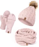 Mütze Schal Handschuh Set für Damen | Gefütterte Wintermütze mit Kunstfellbommel | Großer Loop Schal | Gestrickte Finger/Fingerlose- Winterhandschuhe für Touchscreen Rosa
