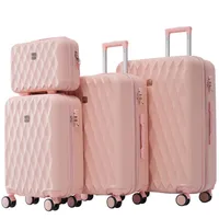 Flieks Kofferset 4 tlg., Reisekofferset mit Kosmetiketui Rautenmuster, Trolleyset mit 4 Rollen und TSA Schloss, Hartschale Trolley S-M-L-XL, Rosa