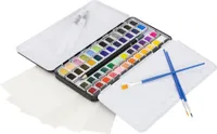 ECD Germany Aquarellfarben Set 48 Farben in tragbarer Box, Schwarz, aus Metall, inkl. 3 Pinsel, 1 Bleistift 2B, 2 Aquarellstift, 4 Aquarellpapier, Vollaquarell-Palette, Malkasten, Wasserfarben Set für Anfänger und Profis