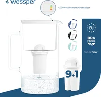 Dzbanek filtrujący Wessper D2 ze szkła borokrzemowego FutureFlow 3 l | Dzbanek filtrujący Wessper 3 l system filtracji wody White| 10x wkład filtrujący do wody