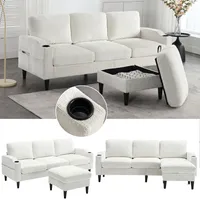 LVHOM 3-Sitzer-Sofa mit Hocker, 196,5 cm Modulares Sofa mit Getränkehälter und Seitentaschen, Sitzbank Chenille mit Stauraum, Couchgarnitur, Beige
