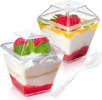 50 sztuk szklanek deserowych plastikowych 2 OZ, miseczki deserowe kwadratowe z pokrywką i łyżeczkami, miseczki deserowe do lodów budyniowych DIY, 60ML