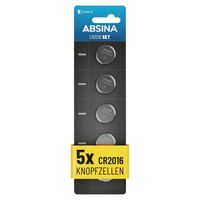 ABSINA CR2016 Knopfzelle 5er Pack - CR 2016 Knopfzelle 3V auslaufsicher & lange Haltbarkeit - Batterie CR2016