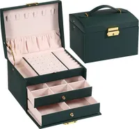 Multifunktionale Dreischicht Leder Schublade Stil Schmuckkästchen Ohrringe mit Schloss