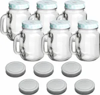 gouveo 6er Set Trinkgläser 450 ml mit Deckel blau, silberfarben - Trinkglas mit Henkel und Drehverschluss - Henkelgläser mit Deckel