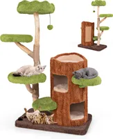 COSTWAY Kratzbaum, Katzenbaum mit zweistöckigem Katzenhöhle in Baumlochform, Jutesäule, Liegeflächen, Ball & Kratzbrett, Katzenturm 80x50x141cm