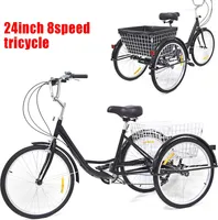 24 palcová tříkolka 8-Speed 3-Wheel Adult City Bike Dospělá tříkolka Comfort Dospělá tříkolka s košíkem Vysoká kvalita (černá)