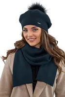 Vivisence damen baskenmütze mit bommel eleganter wintermütze und schal set warm kopfbedeckung und halsbedeckung an winter und herbst warm dick, winterset für frauen, hergestellt in der eu, dunkelblau,