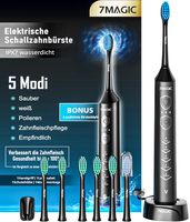 7MAGIC Elektrische Zahnbürste, Schallzahnbürste mit 60 Tage Akkulaufzeit, 5 Putzmodi Zahnbürste Elektrisch IPX7 Sonic Electric Toothbrush mit 6 Bürstenköpfe, Timer, schwarz