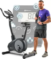 Hop-Sport Heimtrainer Fahrrad Spark Silber für Zuhause magnetischer Hometrainer mit verstellbarem Sitz & Lenker, Pulssensoren, LCD-Display - bis 120kg