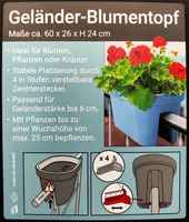 Pflanztopf Geländer 60cm Balkonkübel Geländerkasten bunt - Geländertopf Blumenkasten für Balkongeländer inkl. 4 Halterungen und 2 Ablauflöcher, Farbe:grau