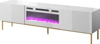 Fernsehschrank SLIDE 200x57x40 cm Tv-Schrank mit elektrichem Kamin Heizfunktion Lowboard 2 Klappen Metallgestell Schwarz Hochglanz/Weiß Kamin