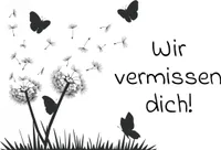 DeCoArt 25 Ballonflugkarten Flugkarte Trauer - schwarz und weiß - Wir vermissen Dich - Pusteblume Schmetterling / Botschaft an den Himmel