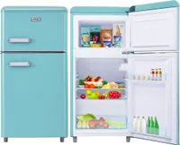 Merax Table Top Kühlschrank Retro Kühl-/Gefrierkombination BCD-100C, Metall Türgriff, verstellebare Ablage und Füße, Doppeltür und LED-Beleuchtung, 72 L, freistehend, Blau