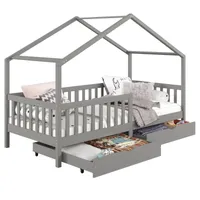 Hausbett ELEA aus massiver Kiefer, Kinderbett mit Rausfallschutz 90x200cm, Spielbett mit Dach in grau