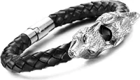 Echtleder-Armband Wolf Rindsleder geflochten schwarz Edelstahl Herren Damen Autiga®