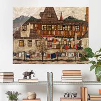 Glasbild - Kunstdruck Egon Schiele - Häuser mit trocknender Wäsche - Quer 3:4, Größe HxB:75cm x 100cm