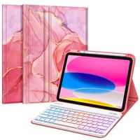 Fintie Tastatur Hülle für iPad 10. Generation 2022 (10.9 Zoll), Keyboard Case mit 7-farbig Beleuchteter Magnetischer Abnehmbarer Deutscher Tastatur, Marmor Pink