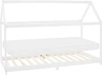 ML-Design detská posteľ 90x200 cm s matracom, baldachýnom a lamelovým roštom, biela, domček z borovicového dreva