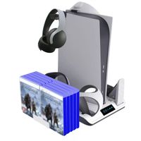 Vertikaler Ständer Ladestation für PS5 & PS VR2, 5 in 1 multifunktionale Aufbewahrung Kühllüfter Halterung mit Haken für PS5 Konsole, PS5 & PS VR2 Controller und anderes PS5 &PS VR2 Zubehör -A