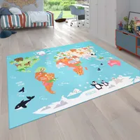 Kinder-Teppich Für Kinderzimmer, Spiel-Teppich, Weltkarte Mit Tieren, In Türkis Grösse 200x290 cm