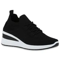VAN HILL Damen Sneaker Schnürer Strick Profil-Sohle Schuhe 840166, Farbe: Schwarz, Größe: 40
