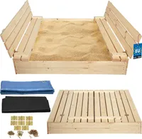 KOTARBAU® Sandkasten mit Abdeckung 140 x 140 cm Naturfarbe Großer Holzsandkasten Sandkasten mit Sitzbank und Deckel Gartenspielzeug Kinder imprägniert verschließbar mit Bänken