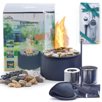 TOM Tischkamin Bioethanol | Rund | inklusive Dekosteine | 2x Brennkammern | 2x Stabfeuerzeuge | 14-tlg.