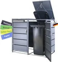 Albatros Mülltonnenbox 2er Tonne | bis 240 Liter | Anthrazitgrau RAL 7016 | verzinkter Stahl | Premium Dämpfer| Aufkleber-Set | wetterfest| verstellbare Füße| Türgriff mit Schloss | Gartenbox | entwickelt in Deutschland