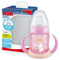 NUK First Choice Trinklernflasche mit Leuchteffekt, 6-18 Monate, 150 ml, Anti-Colic-Ventil, auslaufsicherer Trinkschnabel, Ergonomische Griffe, BPA-frei, Hase (pink), 1 Stück (1er Pack), 10215373