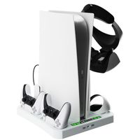 Vertikaler Ständer Ladestation für PS5 & PS VR2, 5 in 1 multifunktionale Aufbewahrung Kühllüfter Halterung mit Haken für PS5 Konsole, PS5 & PS VR2 Controller und anderes PS5 &PS VR2 Zubehör
