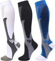 ALSTER HERZ® 3x Kompressionsstrümpfe Herren Damen Schwarz+Blau+Weiss L-XL, Kniestrümpfe für Sport, Laufen, Flug, Reise, Joggen, Radsport, A0140