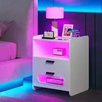 Nachttisch mit Ladestation,LED RGB Nachttisch Weiß Hochglanz Holz Beistelltisch mit 2 Schubladen,Einheit Nachtschrank Bettschrank Kommode 50x40x64cm