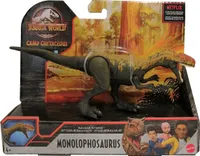 Mattel GVG51 Jurský svet Dinosaurus Monolophosaurus pohyblivá figúrka na hranie, funkcia hryzenia, zelenohnedá prírodná farba, 19 cm, pre deti