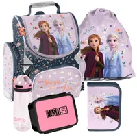 Schulrucksack Mädchen Jungen Motiv FROZEN 5 T Set Rucksack, Federmäppchen, Schuhbeutel, Trinkflasche, Frühstückstasche Mega-Set Paso EINGEFROREN